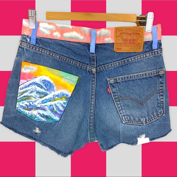 Levi’s 505 DIY Distressed Cutoff Hand Painted Rainbow Cloud Denim Jean Shorts - Picture 2 of 13